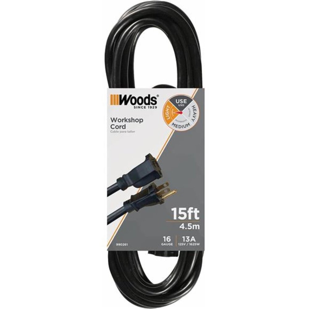 Woods Indoor Extension Cord, 15 Ft 16 Gauge 3 Prong,Garage & Workshop Power Cord